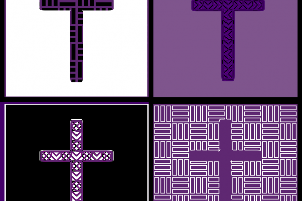 A square graphic divided into four sections, each with a cross. The four crosses have different patterns, and the backgrounds of each square are different colors. The graphic is comprised of different shades of purple, black, and white.