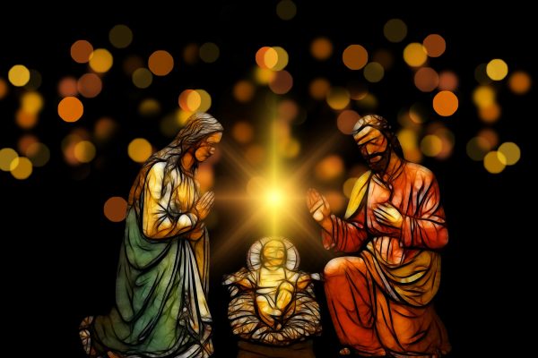 Mary and Joseph kneel on either side of a manger in which Jesus lays. A light hovers above Jesus, and individual golden orbs of light shine in the darkness behind the three figures.