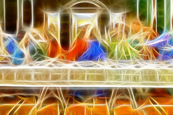 An artistic rendering of the Last Supper, with Jesus and the 12 disciples depicted almost like streams of light. Image by Gerd Altmann from Pixabay.