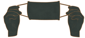 The image of two hands holding the ear bands on either side of a surgical mask are outlined in orange chalk. Image via Pixabay.