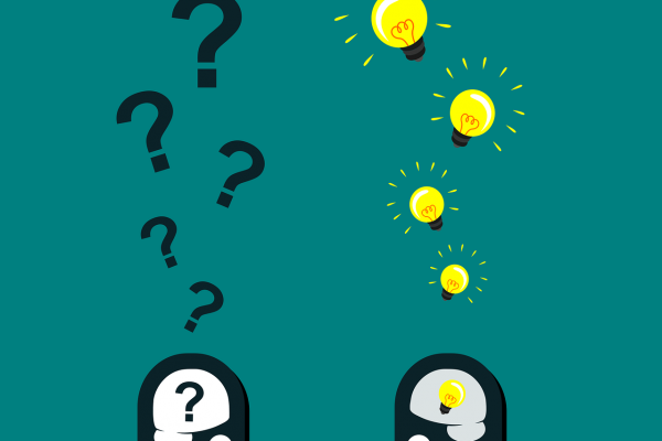 Two black cartoon heads face each other against a teal background. The head on the left is smiling and has a black question mark inside its white brain, with additional question marks rising above. The head on the right is also smiling, and has an illuminated yellow lightbulb in its gray brain. Additional yellow lightbulbs rise above its head. Image via Pixabay.