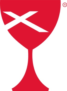The Christian Church (Disciples of Christ) chalice logo: A solid red chalice with a white St. Andrew's cross. Two edges of the cross overlap with the left edge of the chalice.