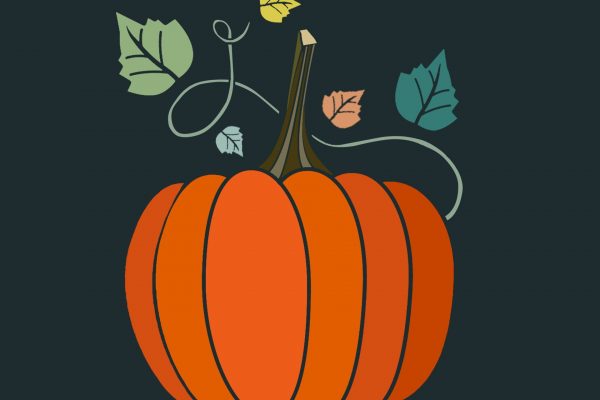 A cartoon pumpkin sits against a dark background. The pumpkin is made up of sections of various shades of orange. A thin vine winds around the pumpkin, sprouting green, orange, and yellow leaves of various shades and sizes. Image via Pixabay.