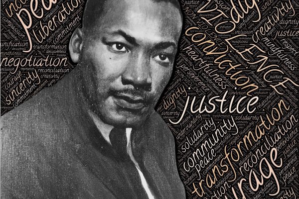 A black and white artistic rendering of Martin Luther King, Jr sits on the left side of a square image. The background behind Dr. King is black; it is filled with words of various sizes and in various font colors (white and pale yellow). All of the words as associated with Dr. King in some way, such as "justice,' "peace," and "courage". Image via Pixabay.
