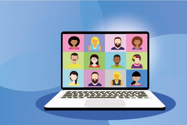 A cartoon graphic of a laptop, its screen showing a video conference of 16 people. The screen is divided into individual squares, each with a different background color. The cartoon people pictured are of a variety of genders, skin colors, hair styles, clothing styles, etc. The background of the laptop is made up of overlapping segments in various shades of blue. Image via Pixabay.