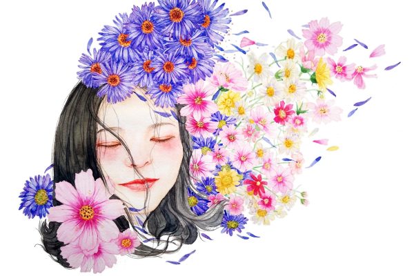 A watercolor drawing of a person with a serene expression, surrounded by flowers of various colors and sizes. The person's eyes are closed and they have shoulder-length black hair. The flowers are pink, purple, orange, and yellow; some are bunched tightly around the person, while other petals are carried away by an invisible wind.