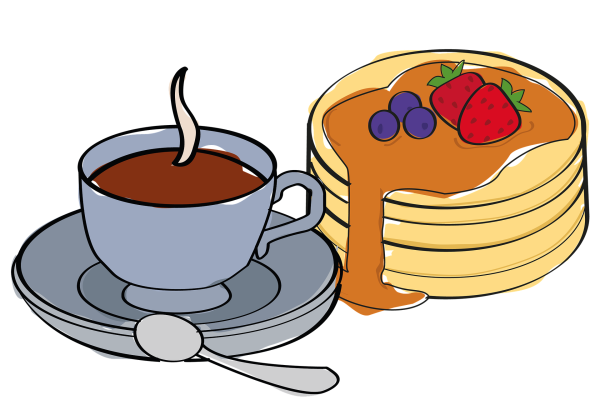 An animated drawing of a stack of pancakes next to a steaming cup of coffee/tea. The pancakes are a pale tan and are topped with caramel-colored syrup, strawberries, and blueberries. They sit to the right of a gray cup and saucer; a spoon rests on the saucer's edge. Image via Pixabay.