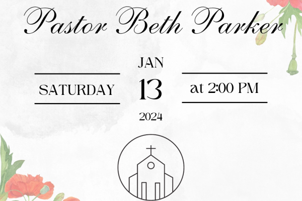 An electronic invitation for the upcoming ordination service of Beth Parker. The invitation’s background is a grayish off-white and has two leafy red poppies plants in both the upper right and lower lefthand corners. The text of the invitation—written in a fancy script—reads, “The Ordination of Pastor Beth Parker, Saturday, January 13, 2024, at 2:00 PM at Church of the Valley in Van Nuys. Reception to follow.” A black and white circular graphic of a church sits between the time and date information and the location. “Pastor Beth Parker” is written in cursive script.