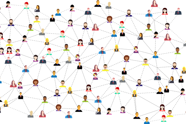A cartoon graphic illustrating connections. Individual cartoon people--with different skin colors, facial features, hairstyles, and clothing--are scattered across the image field. They are connected by dashed and solid lines, forming a web. Image via Pixabay.