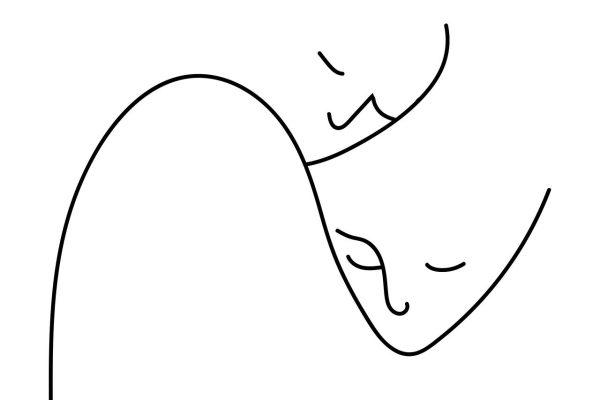 A cartoon depicting two faces nestled together. A line that looks like a lowercase cursive n forms one face, and the other emerges about halfway up the n. Both faces have only eyes and noses; their eyes are closed. Image via Pixabay.