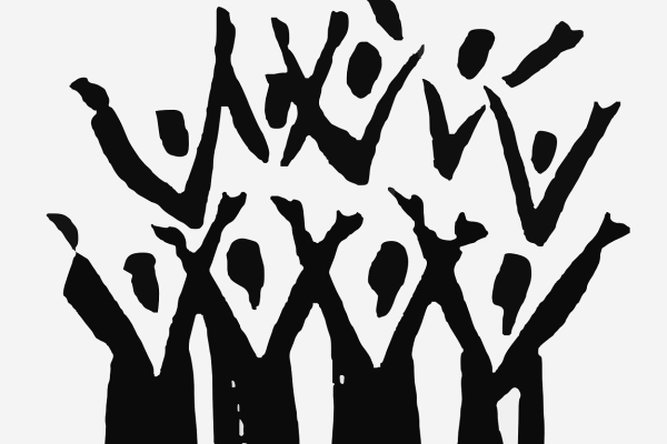 An artistic rendering of a choir, made up of two rows of four figures with their arms raised in praise. None of the figures have distinguishing features; all are black against a white background. They are clad in black robes, although they are only visible on the figures that make up the bottom row. Image via Pixabay.
