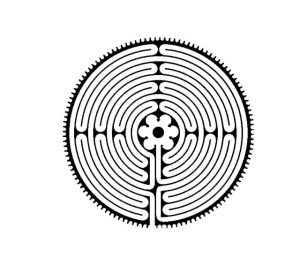 A black and white drawing of the labyrinth at Chartes, as seen from above. Image via Pixabay.