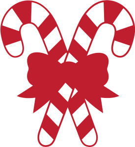 Two cartoon candy canes are crossed over one another and tied with a red bow. Image via Pixabay.
