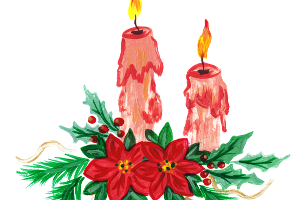 An artistic rendering of an Advent wreath in which two red-orange taper candles are lit. Both have been drawn to show the accumulation of melted wax along their sides. The candle on the left is the taller than the one on the right. Both sit amid springs of holly, pine, wispy gold ribbon, and two deep red poinsettias. Image via Pixabay.
