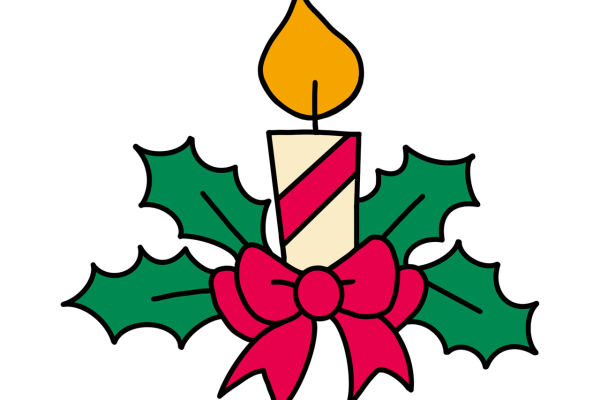 A single cartoon candle is lit in the center of a sprig of holly. The candle is striped like a candy cane. A red bow is tied at the bottom of the candle and two pointy holly leaves sit on either side. Image via Pixabay.