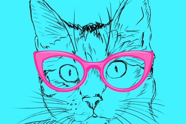 A cartoon rendering of a cat drawn in black on a bright turquoise background. The cat is wearing pink cat-eye glasses. Image via Pixabay.