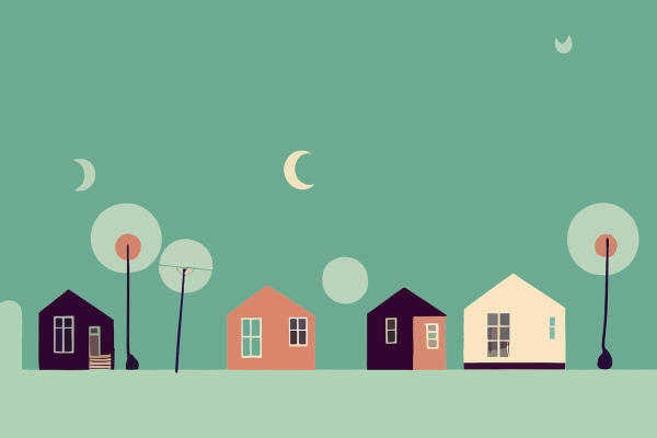 A cartoon graphic of four houses lining a pale green street. From left to right, the houses are purple, orange, purple and orange, and white. They are each slightly different in terms of number of windows, door placement, and steps. Several streetlights are positioned between and beside the houses, and multiple moons are visible against the dark mint background. Image via Pixabay.