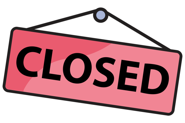 A cartoon rectangular sign with the word “Closed” written across it in bold black letters hangs from a gray nail on a white background. The background of the sign is red. Image via Pixabay.
