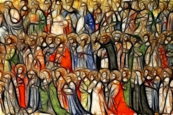 An All Saints graphic depicting three rows of haloed figures. None of their faces are defined, and they are dressed in garments of multiple colors. Image via Pixabay.