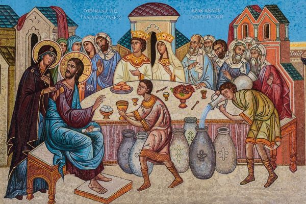 A mosaic depiction of the biblical story of the Wedding at Cana. Image via Pixabay,