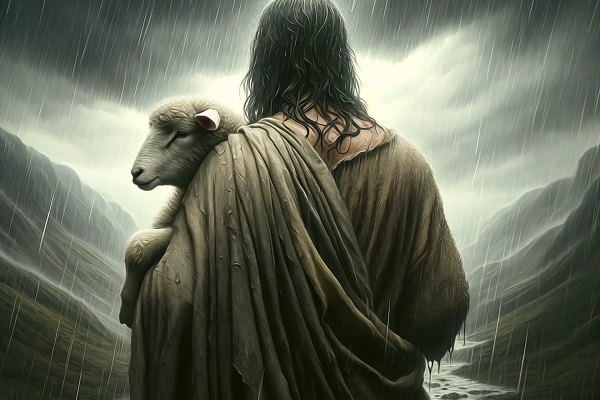 Jesus carrying a lamb (walking away from the viewer) through a rain storm towards a light.