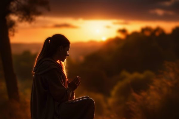 A picture in sepia tones of a women praying beneath a tree with a background of a golden sunset peeking though fluffy clouds.
