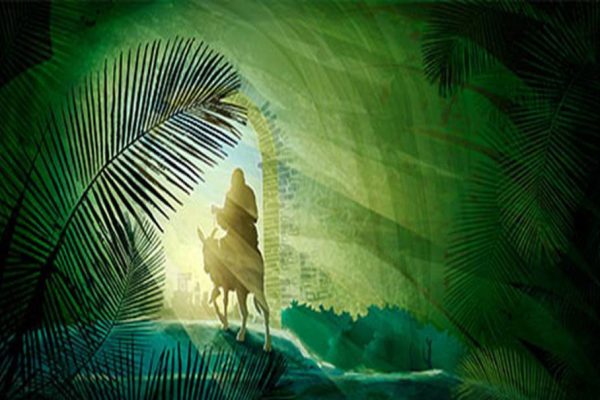 Shades of green lightening in the center where the silluete of Jesus rides through the center of the image which is the brightest and looks like a doorway with palm over the top.