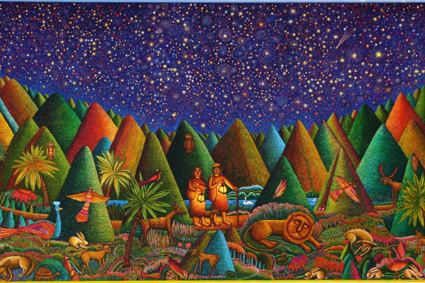 An original, hand-printed serigraph published by John August Swanson with the collaboration of Aurora Serigraphics Studio, Van Nuys, CA Dark blue night sky sprinkled with stars over a bright in color yet dark in tone valley where a couple holding a lantern walk together amongst the trees.