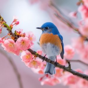 A small blue and yellow bird sitting on a branch covered with pink cherry blossoms.