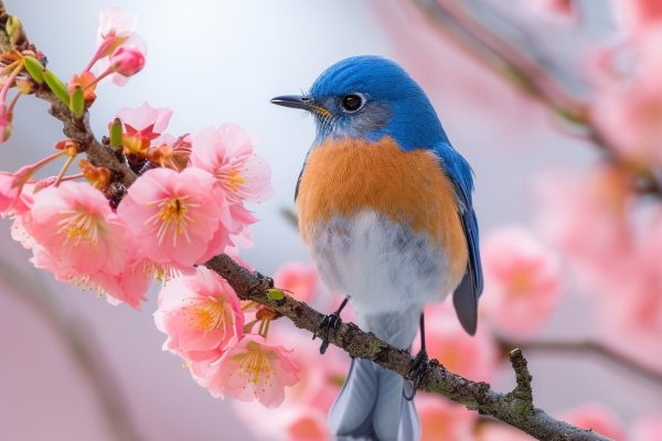 A small blue and yellow bird sitting on a branch covered with pink cherry blossoms.