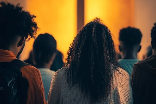 A diverse group of individuals sits in church pews, facing a glowing cross during a service.