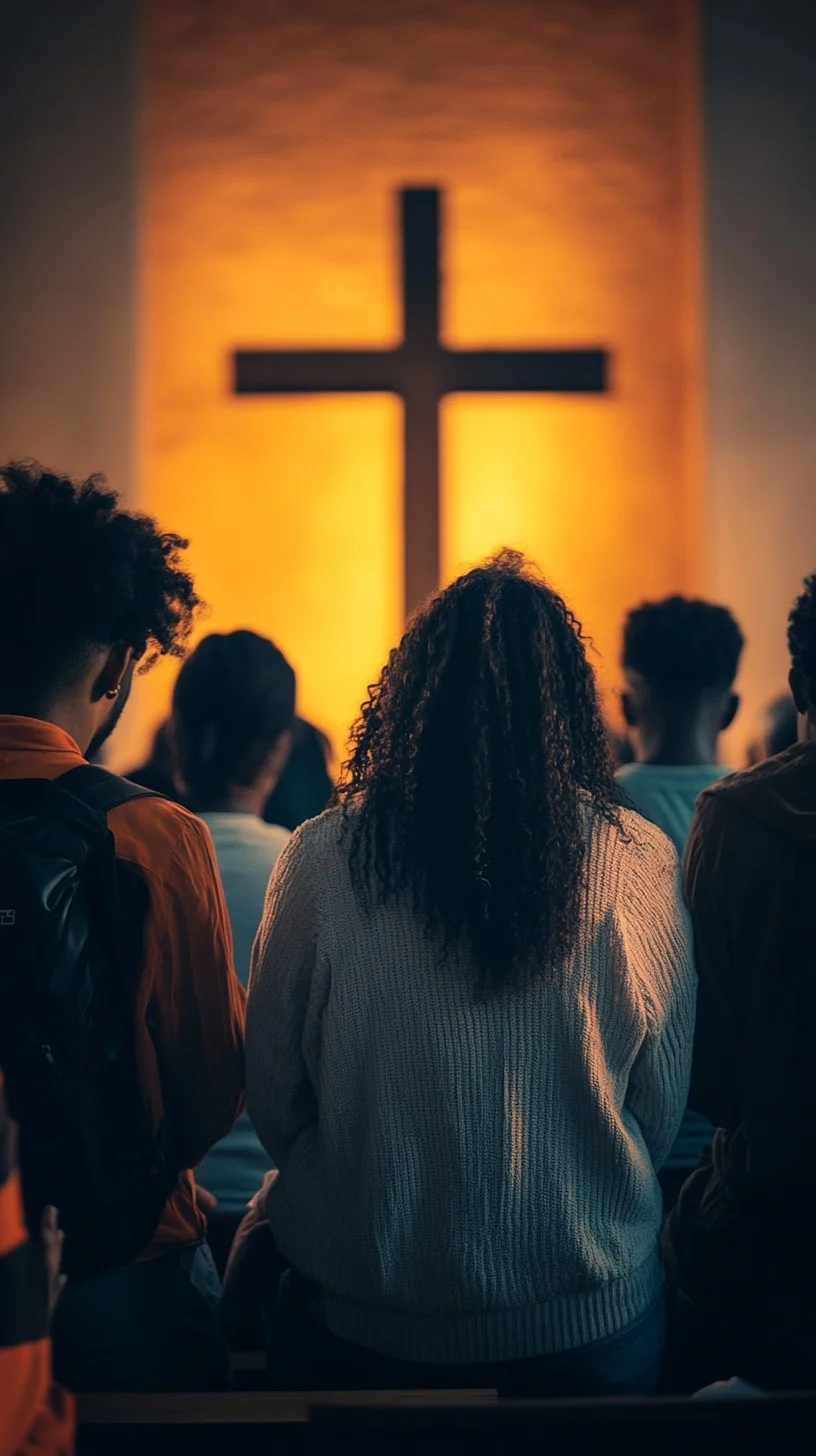 A diverse group of individuals sits in church pews, facing a glowing cross during a service.