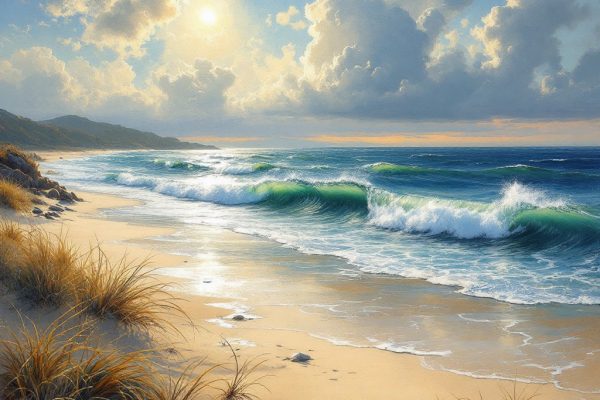 Beautiful beach scene with aqua blue water and waves landing on a sandy beach with clumps of sand grass and a partly cloudy sky with the sun shining through.